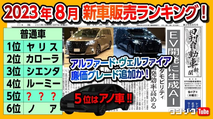 【新型アルファードに廉価グレード追加?!】2023年8月新車販売ランキング!新型プリウスは何位? タントが躍進! CX-30も健闘! レクサスNXやRXもランクイン【日刊自動車新聞＆ワンソクNEWS】