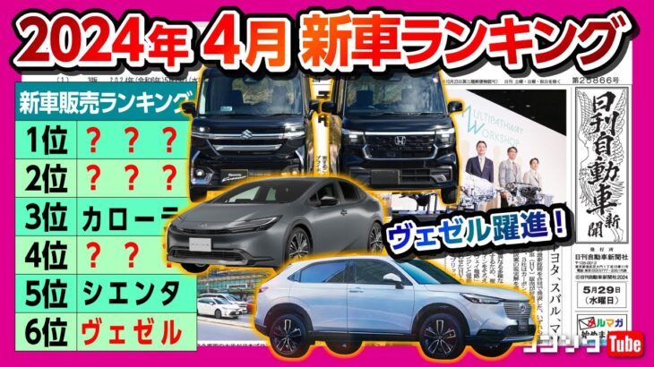 【2024年4月新車ランキング!!】新型ヴェゼルが躍進! N-BOX vs ヤリス! 新型プリウスやヴォクシー･CX-5やレヴォーグは何位?! 50位までチェック!【日刊自動車新聞&ワンソクNEWS】